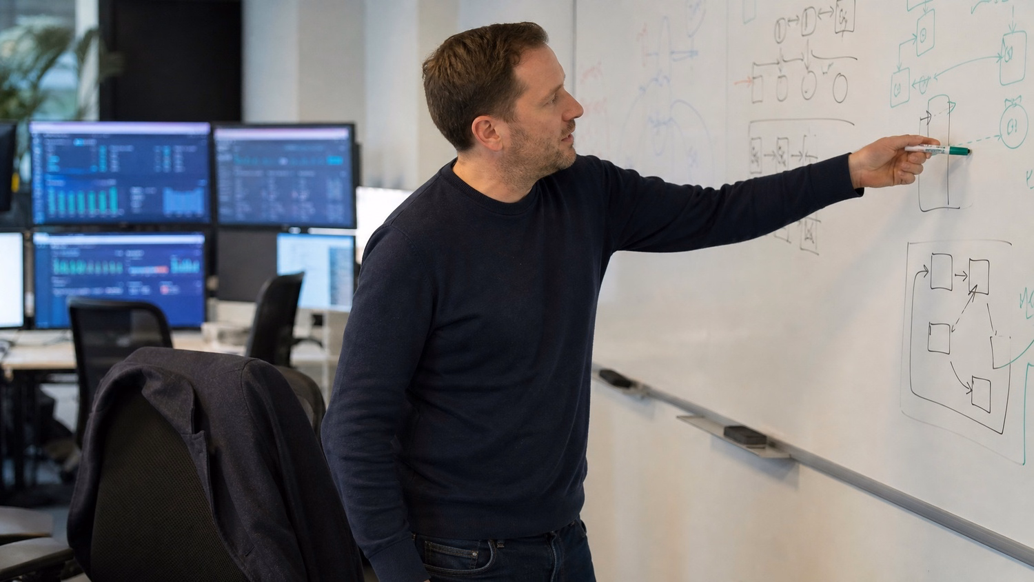 IT professional pointing to network diagram on whiteboard