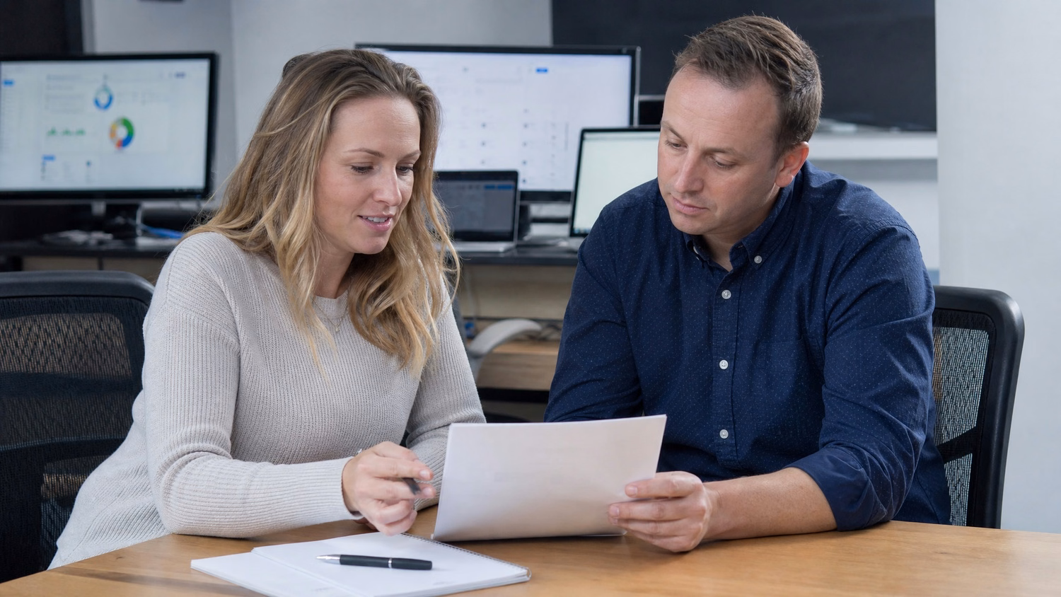 Two people seated around a meeting table, looking at documents and discussing th