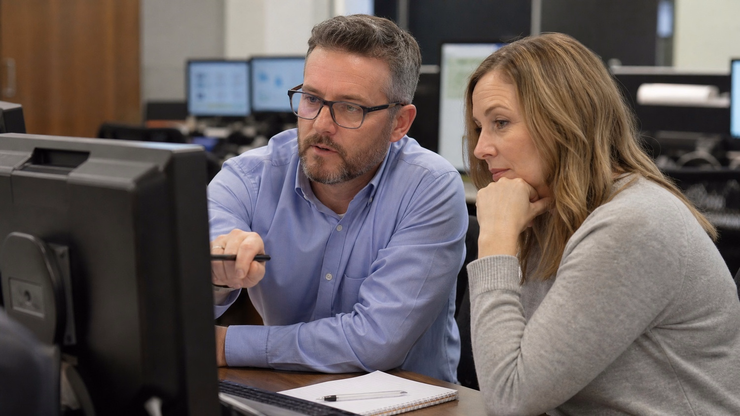 Architects collaborating on computer data, notebook nearby