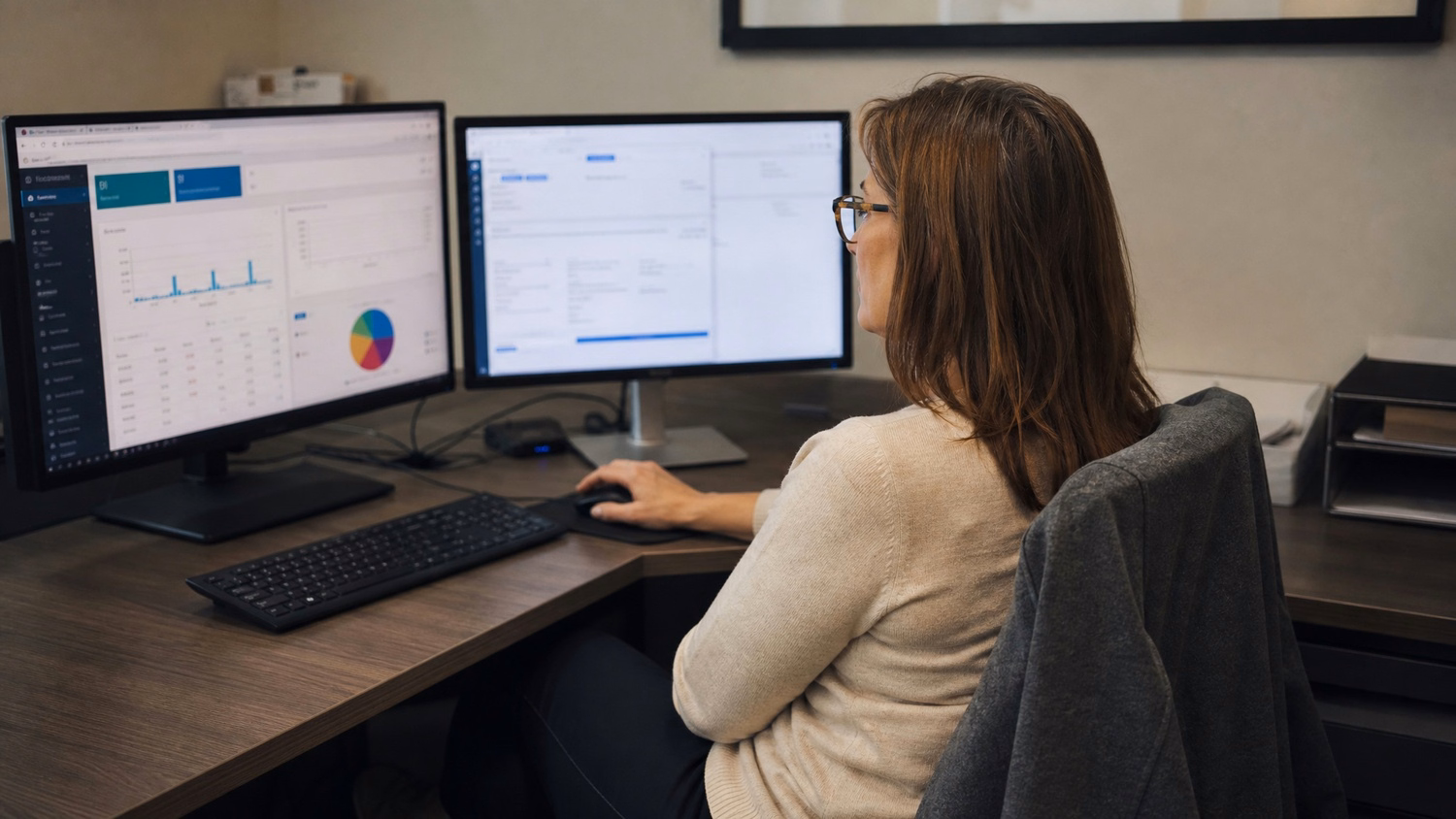 A woman in her 40s is seated at a corner desk with two large monitors, actively