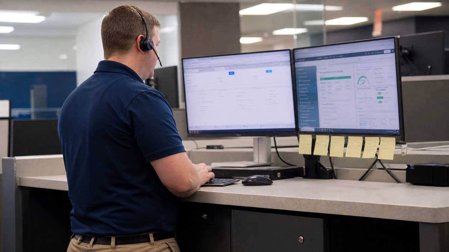 IT support specialist wearing headset at help desk counter