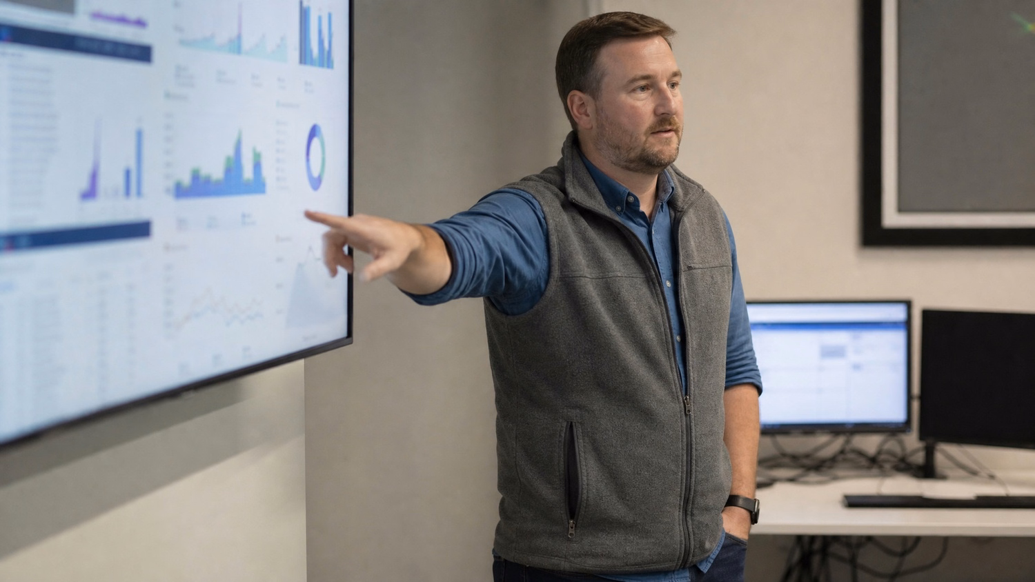 IT professional points at screen, cables visible near desk