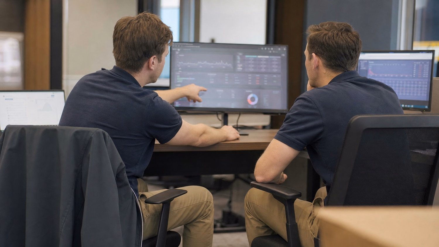 Engineers collaborating on computer screen at desk
