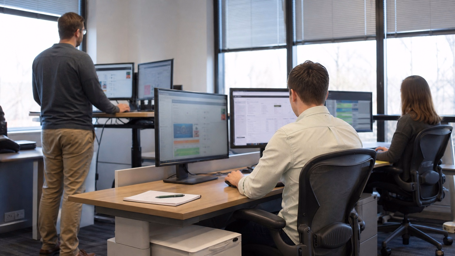 Open-plan office with three IT professionals at desks