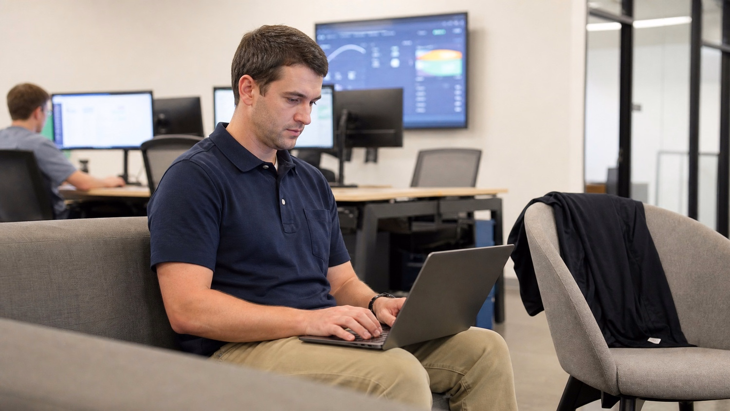 Worker in navy polo at laptop in casual office lounge 64