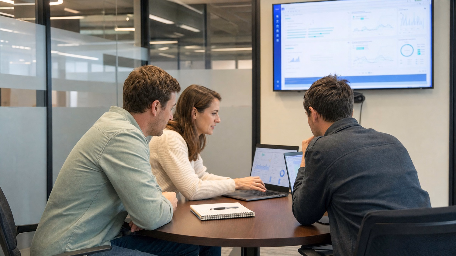 Colleagues review laptops in glass conference room, documents