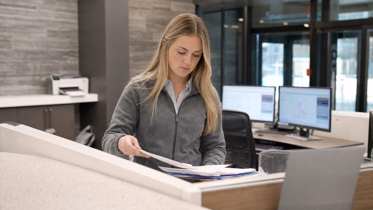 Receptionist organizing papers at office front desk
