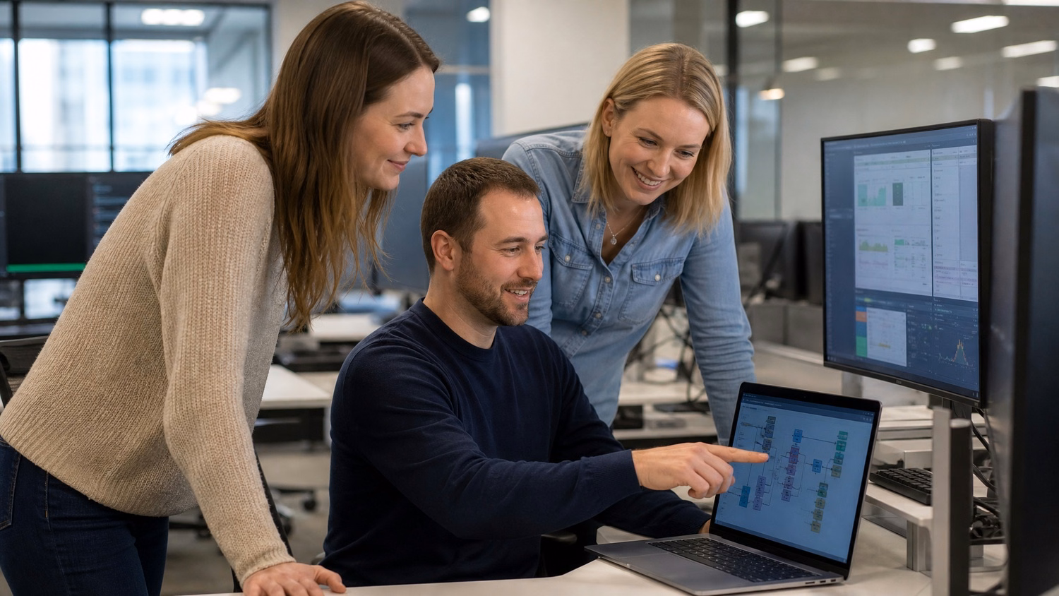 Data architects review server flowchart on laptop screen