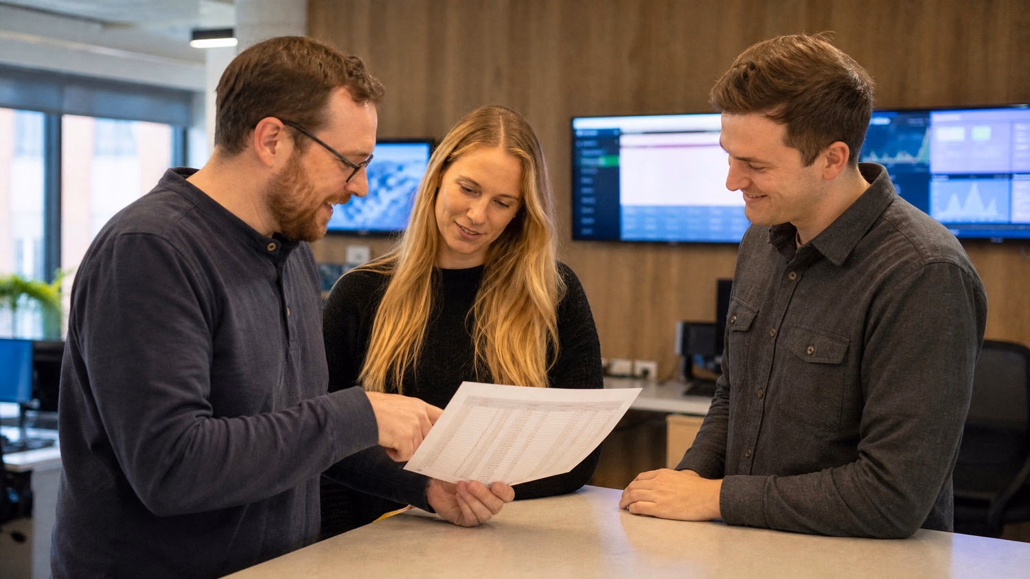 Office team discussing server backup spreadsheet at kitchen island