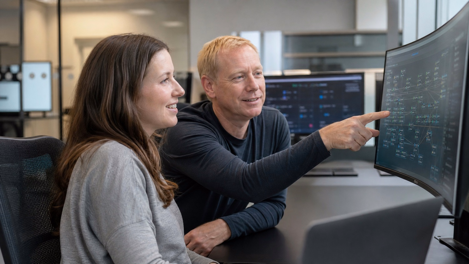 Man points to monitor, discussing cloud integration with colleague 72
