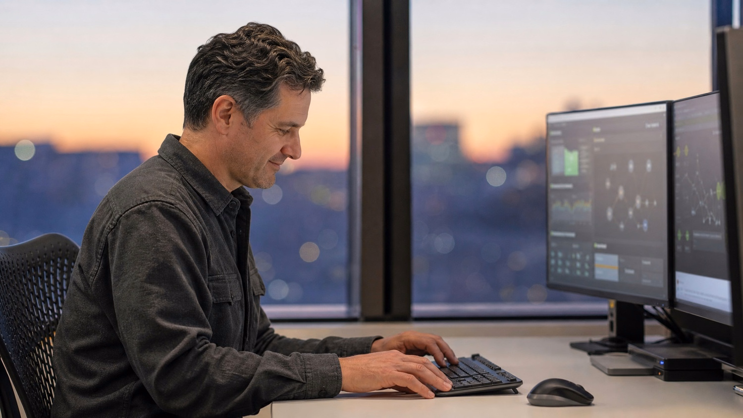 Man at desk by window, city lights bokeh, twilight
