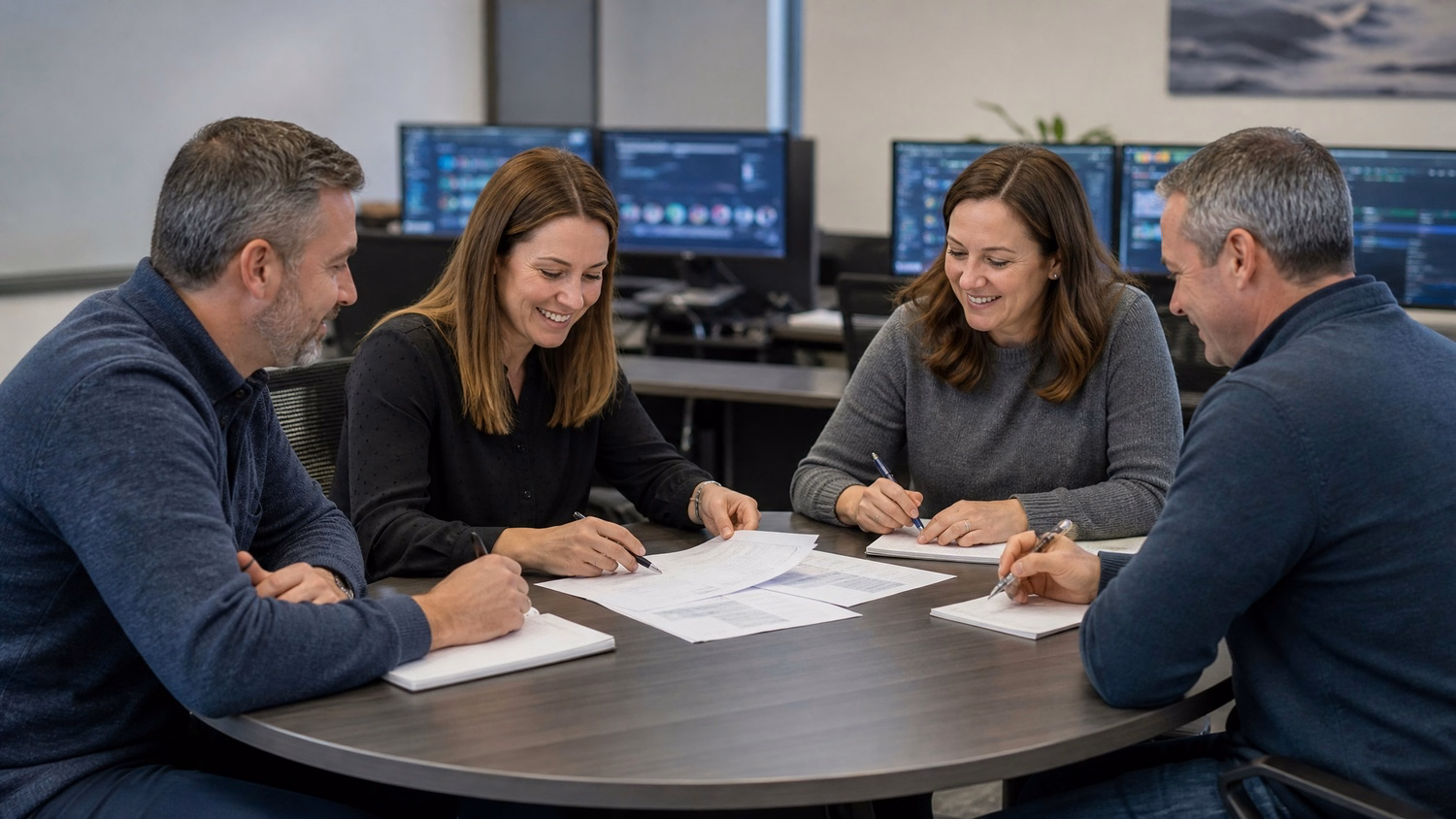 Four people review SLA documents at round office table
