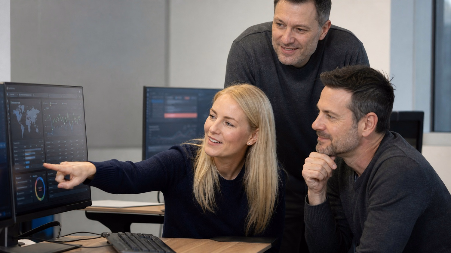 Blonde woman points at network dashboard with two men