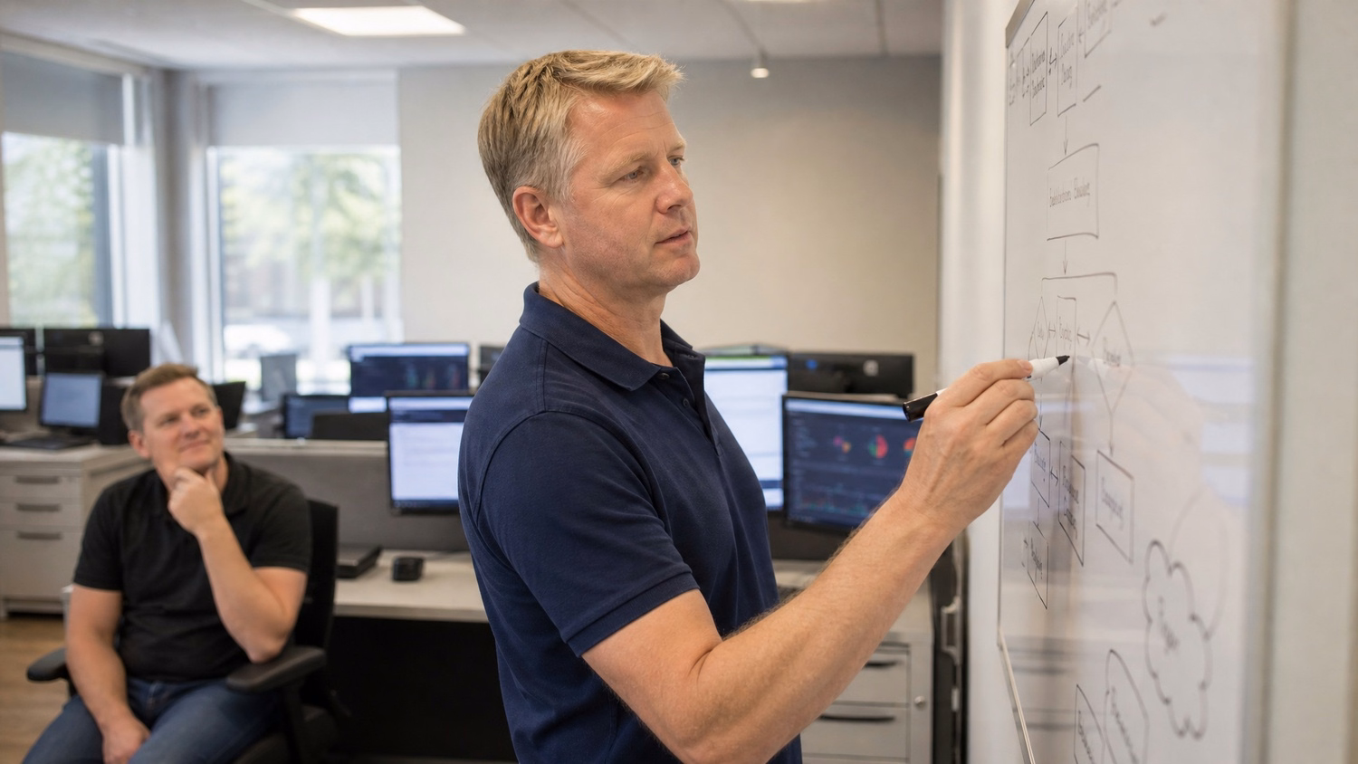 Man sketching security incident response flowchart on whiteboard