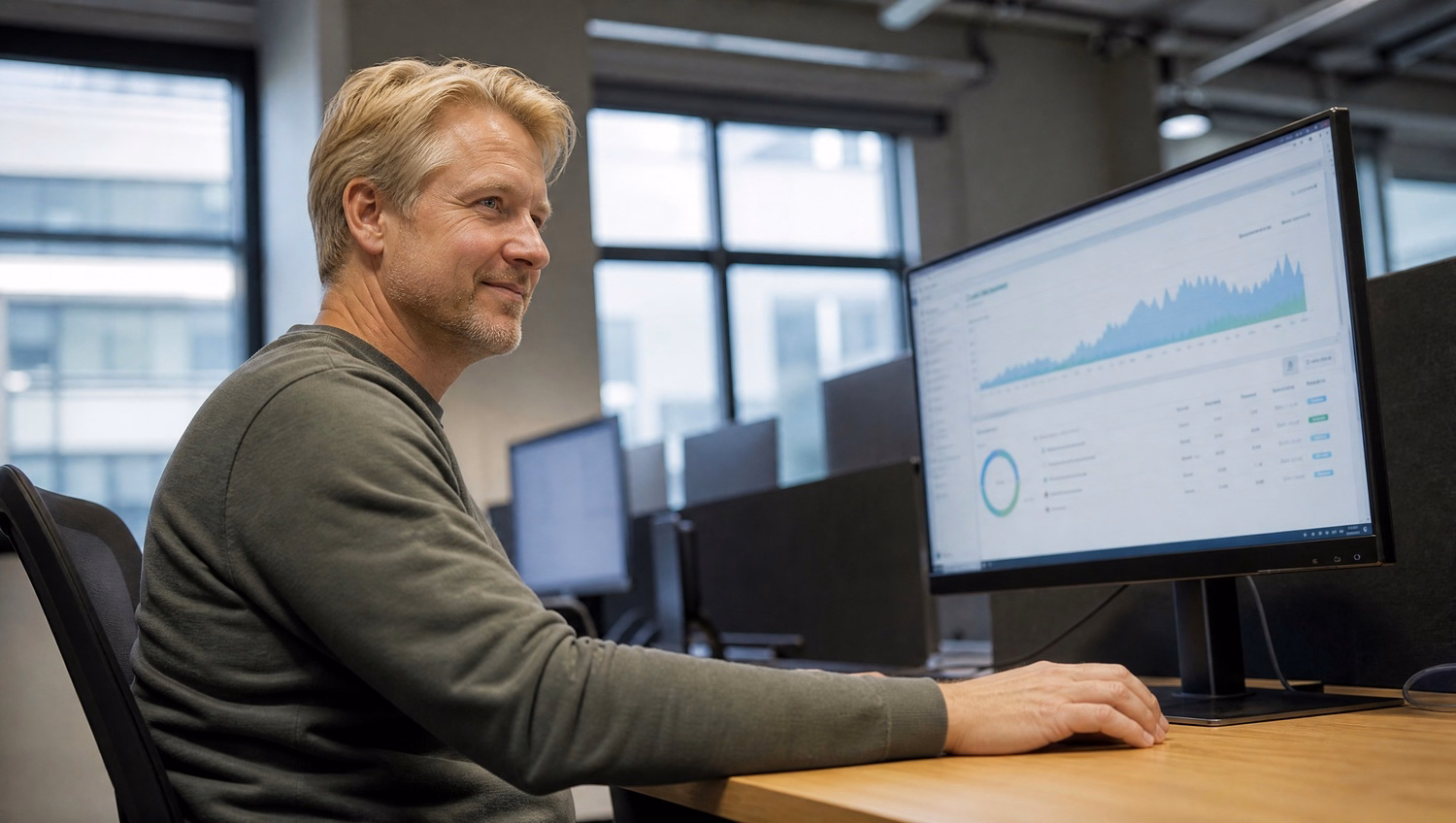 Man reviews cloud storage data graph on monitor 54