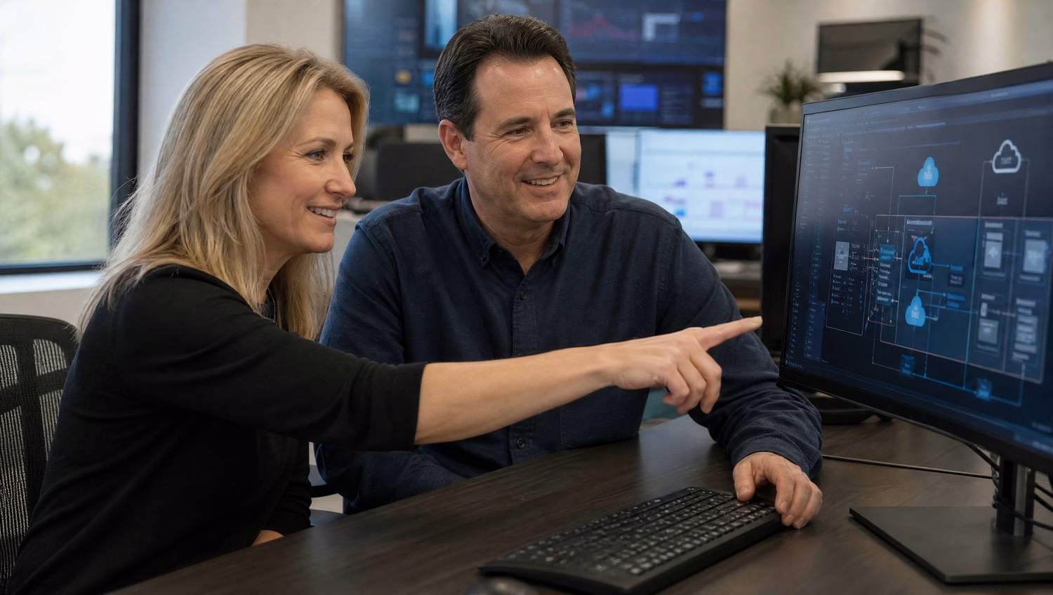 Couple discussing hybrid cloud architecture on screen 60 chars