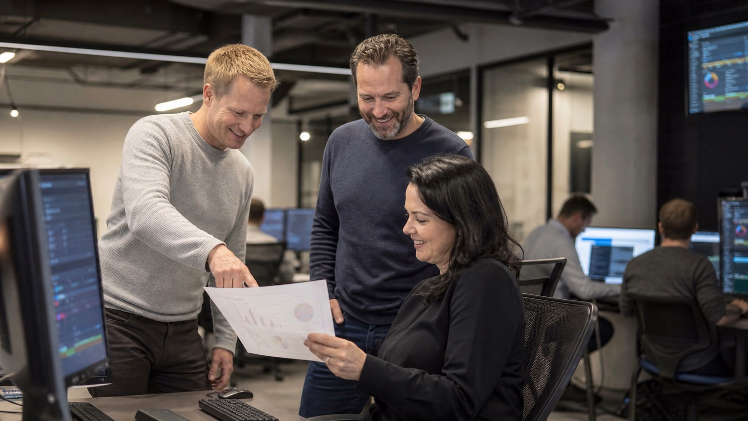 Colleagues stand around desk, discussing security training
