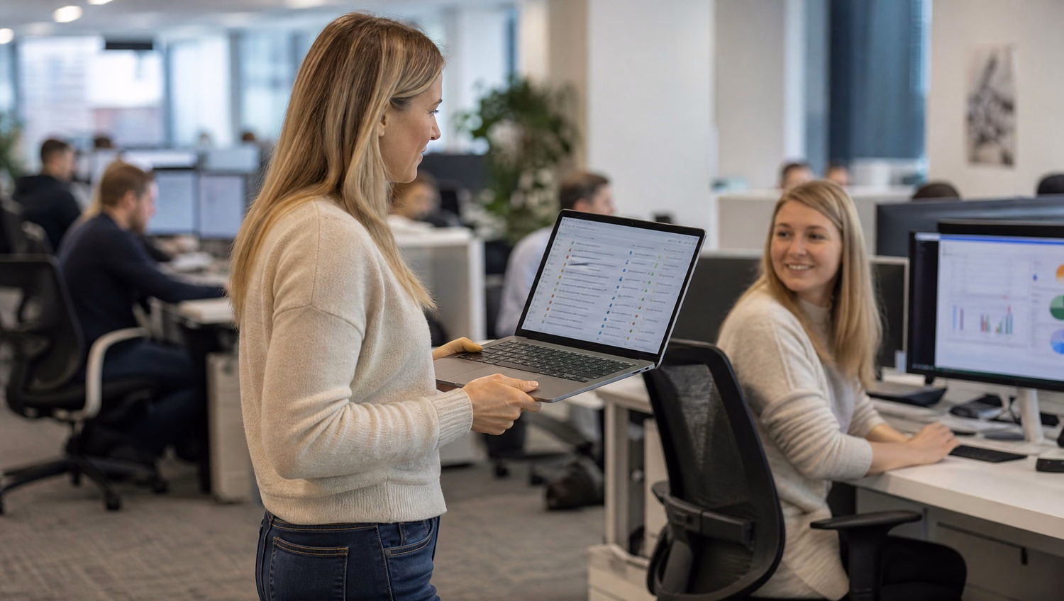 Woman walks with open laptop, focused on screen