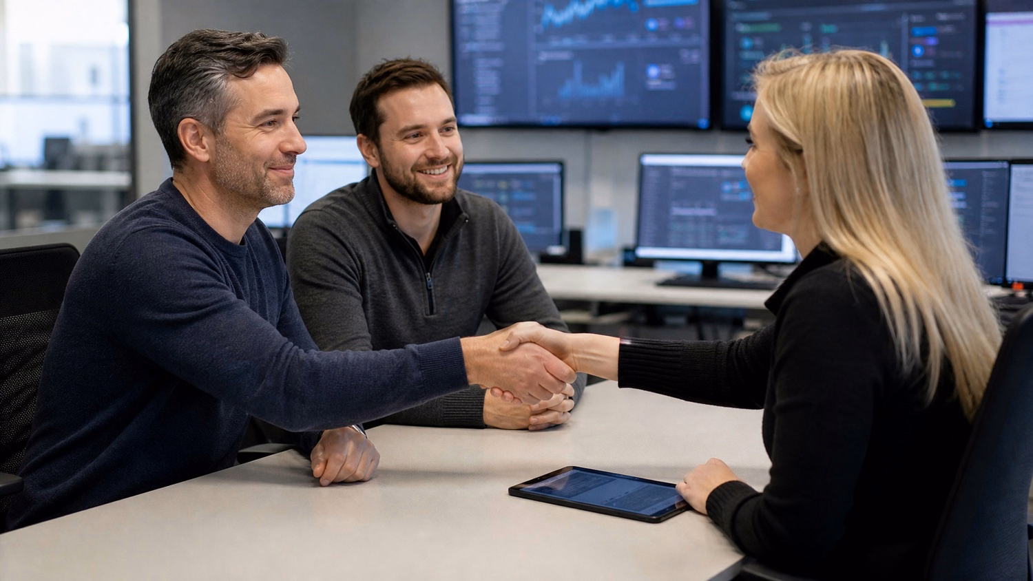 Men and woman in business meeting discussing security