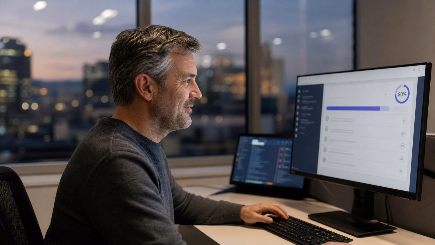 Man reviews security training compliance by dusk window
