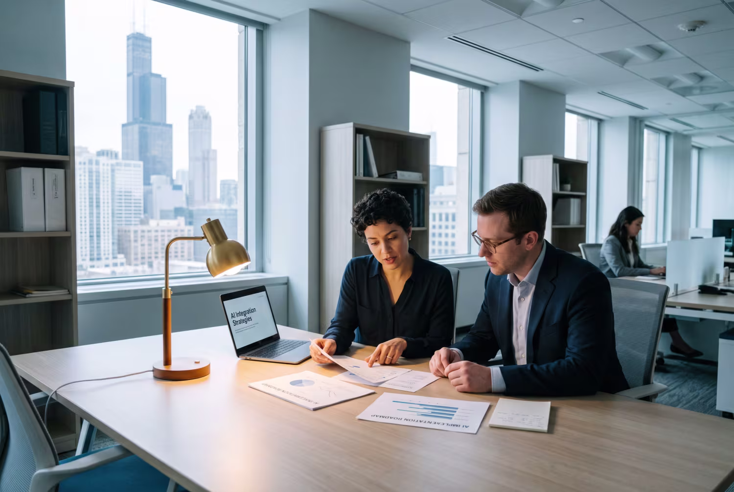 Two professionals collaborating on AI business solutions in modern office