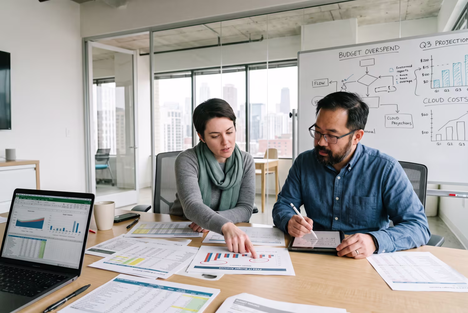 IT professionals discussing budget reports in minimalist office