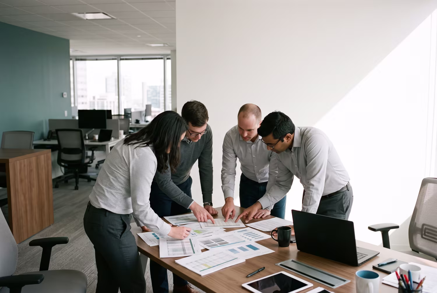 IT consultants discussing budget reports in a bright office