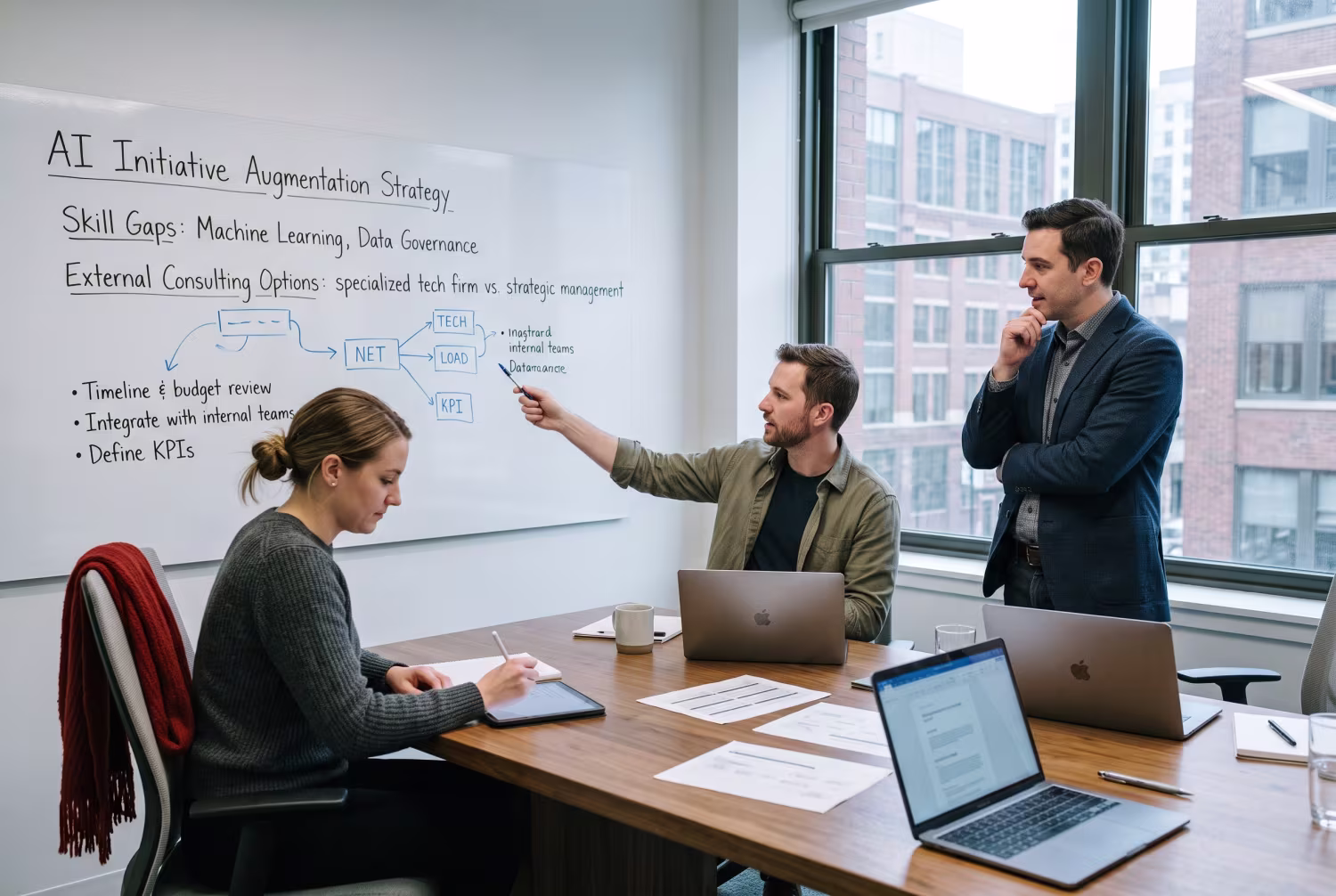 Three consultants discussing at office table with whiteboard and laptops