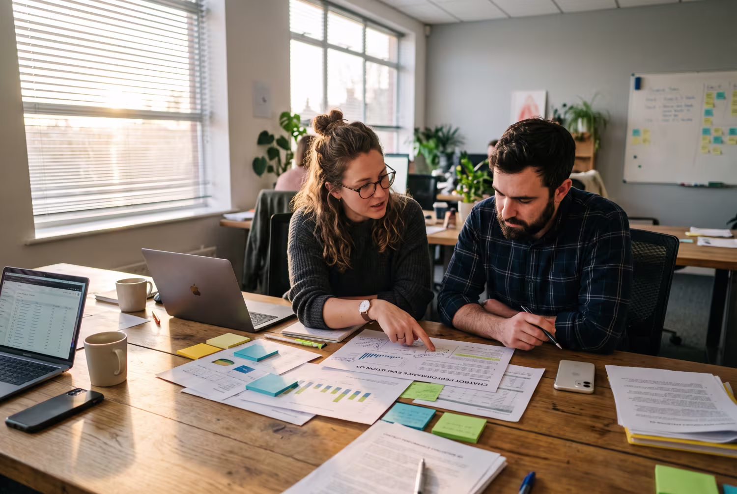 Two people reviewing printed chatbot performance report in sunlit office