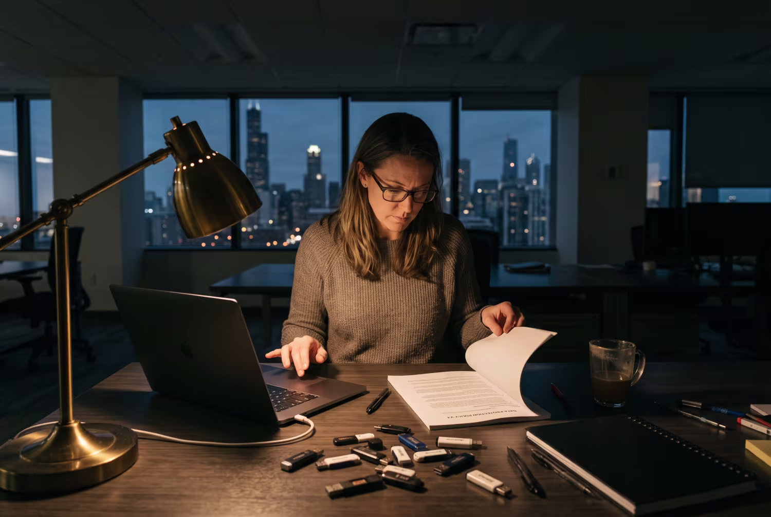 IT professional reviewing document in after-hours office