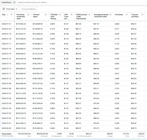 Meta Ads Manager daily report, July