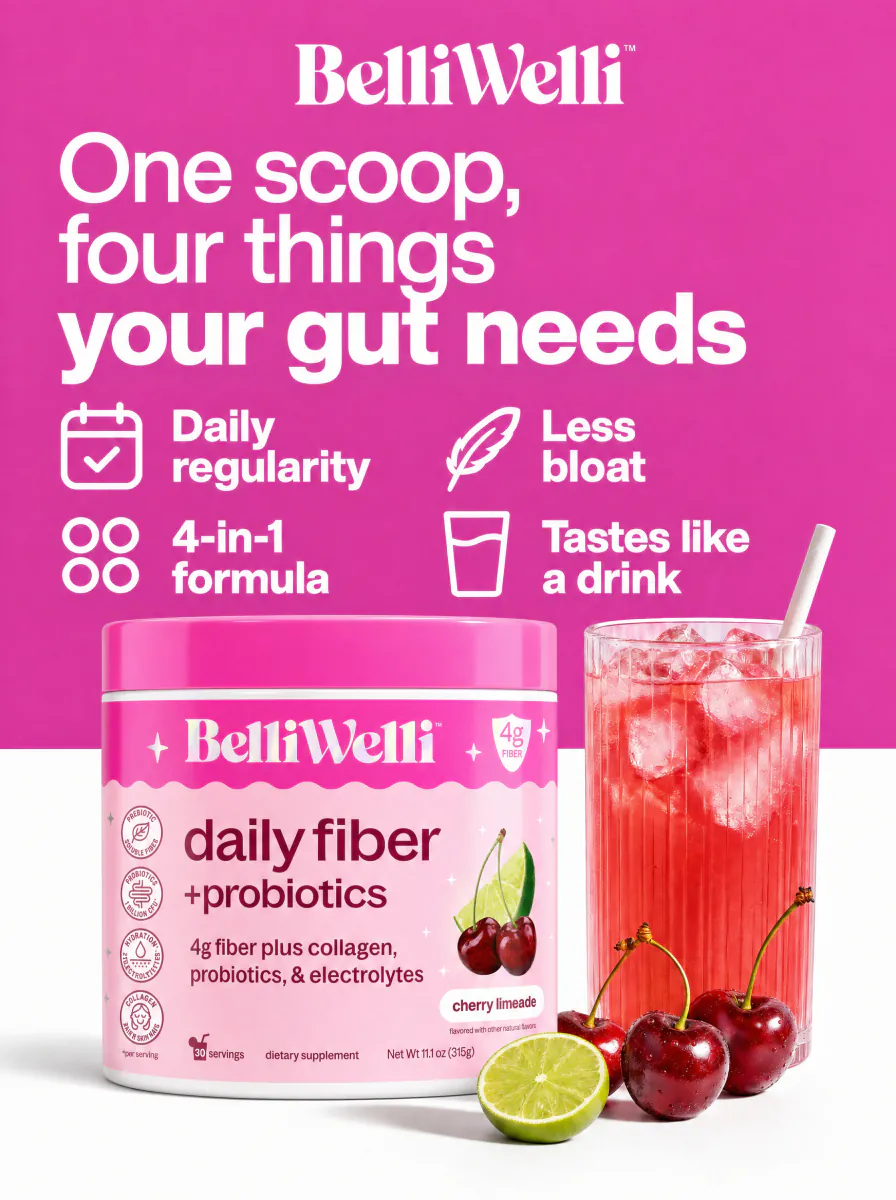 BelliWelli static: “One scoop, four things your gut needs.”