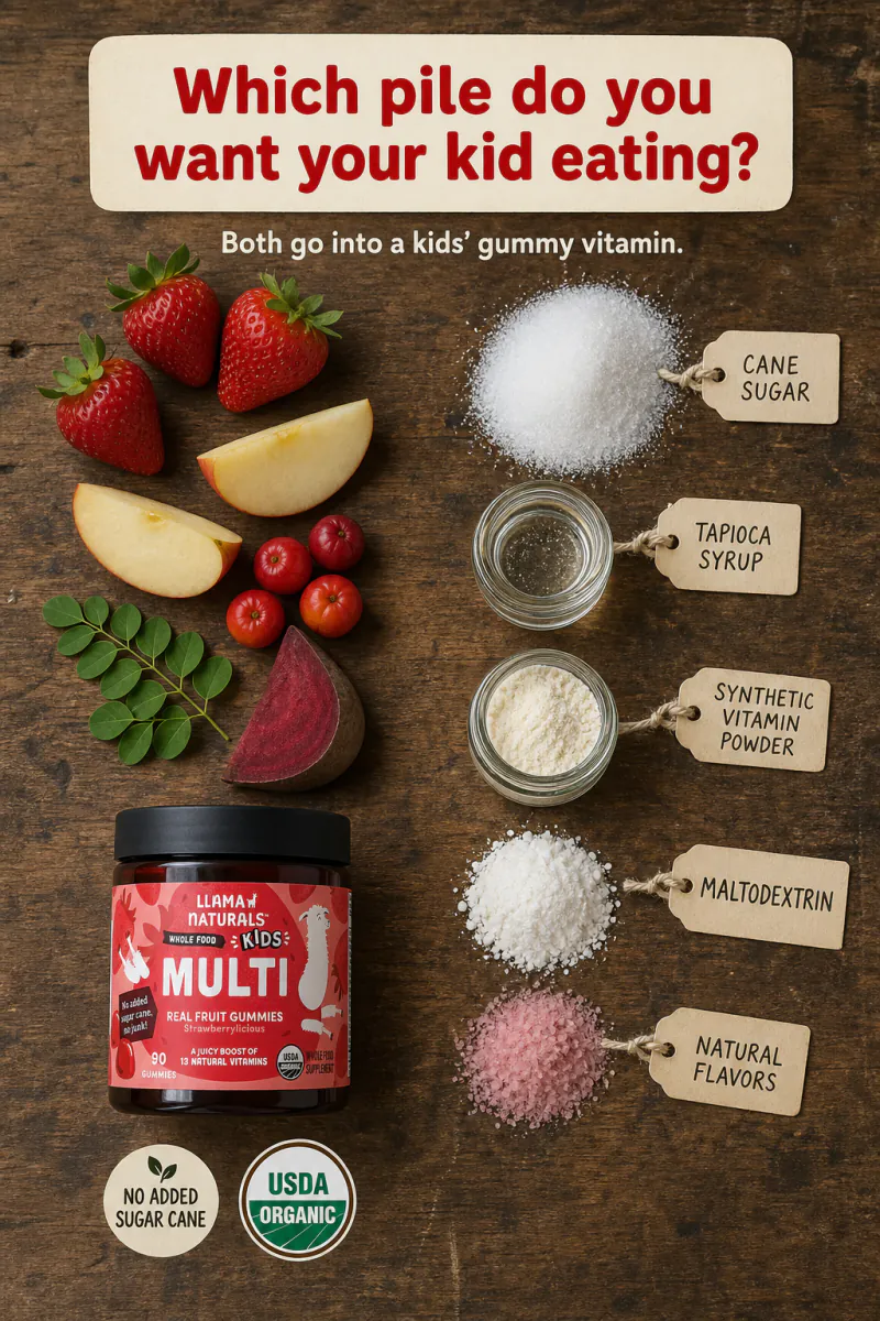 Llama Naturals static: “Which pile do you want your kid eating?”