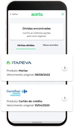 Celular mostrando a tela do site da Acerto com dívidas para o usuário.