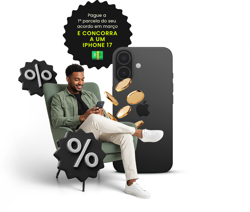 Imagem de um homem sentado em uma cadeira usando um celular. Na imagme, está escrito: Pague a 1ª parcela do seu acordo em março e concorra a um Iphone 17.