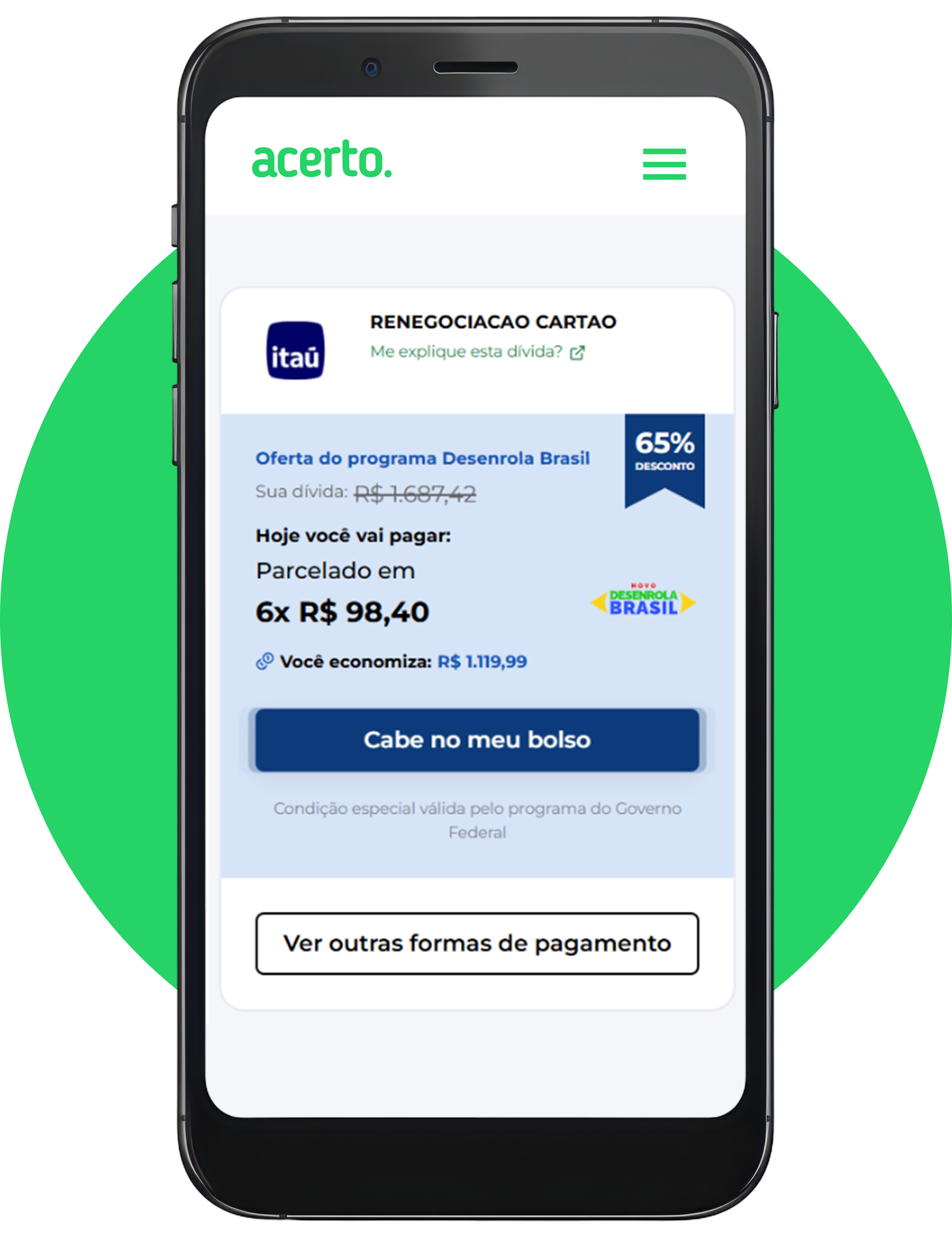 Fotografia de um celular com a tela aberta em uma proposta de acordo do Desenrola Brasil.