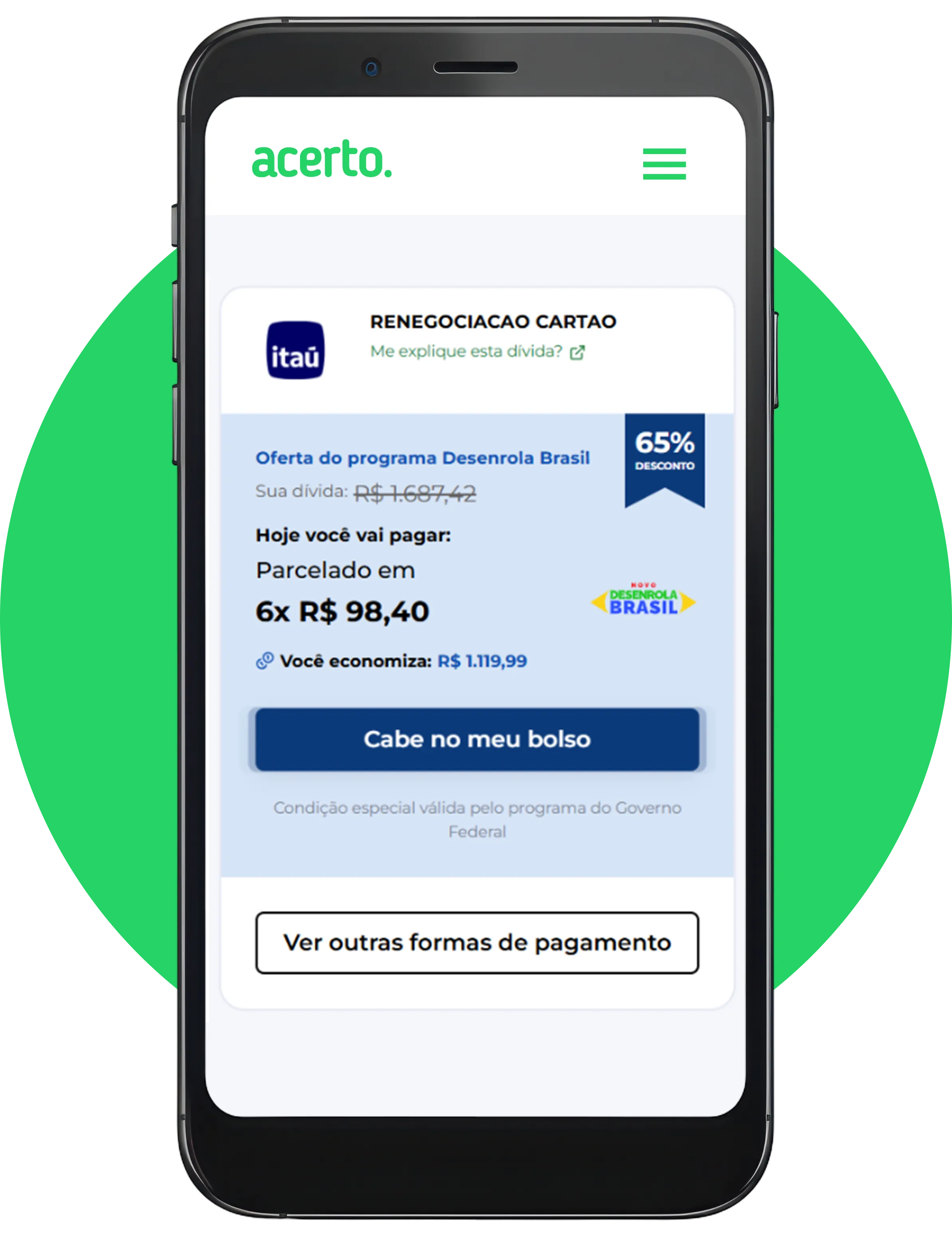 Fotografia de um celular com a tela aberta em uma proposta de acordo do Desenrola Brasil.