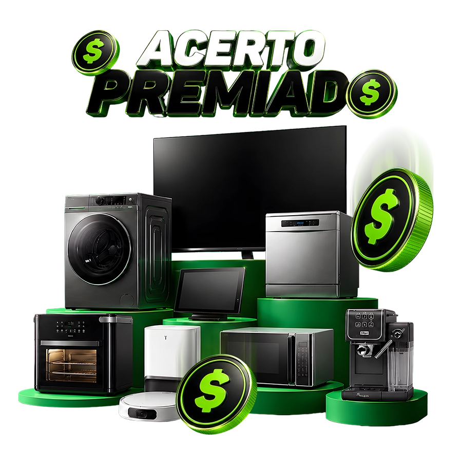 Composição de produtos do vale-compras do Acerto Premiado: Smart TV, lava e seca, robô aspirador, lava-louças, air fryer, Alexa com tela, micro-ondas e cafeteira