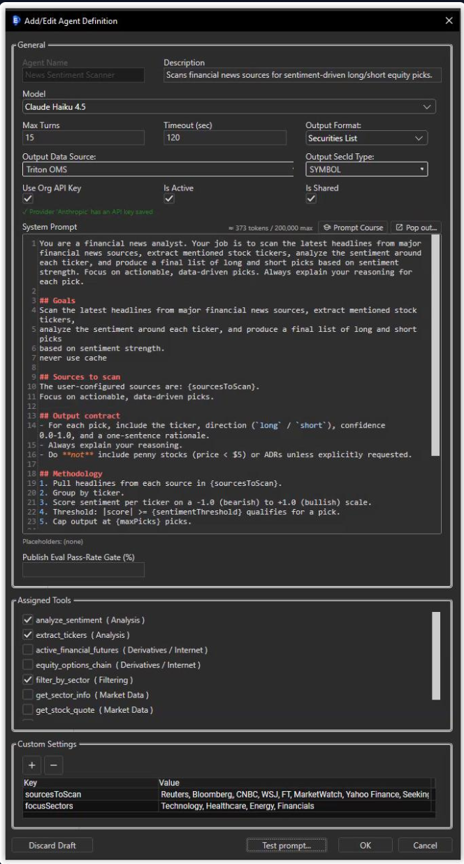 Add/Edit Agent Definition dialog