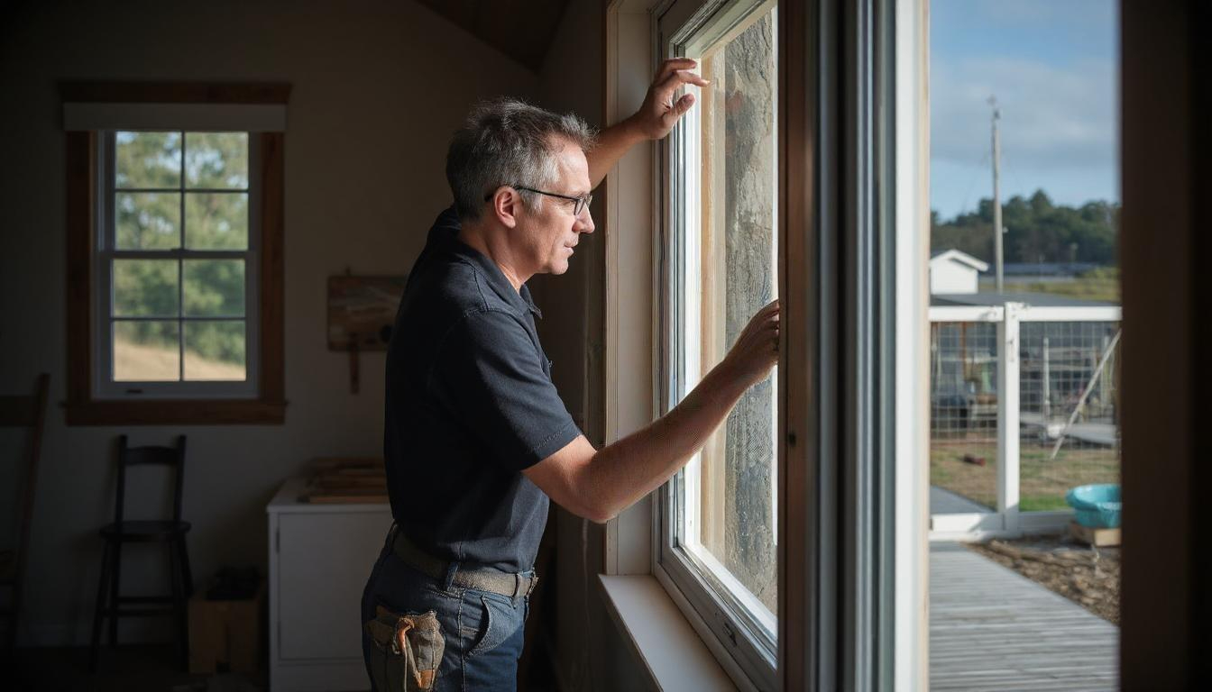 Handyman fixing a window seal in a New Zealand home 
