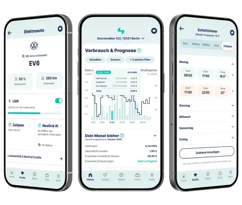 Ostrom app three-screen mockup (German)