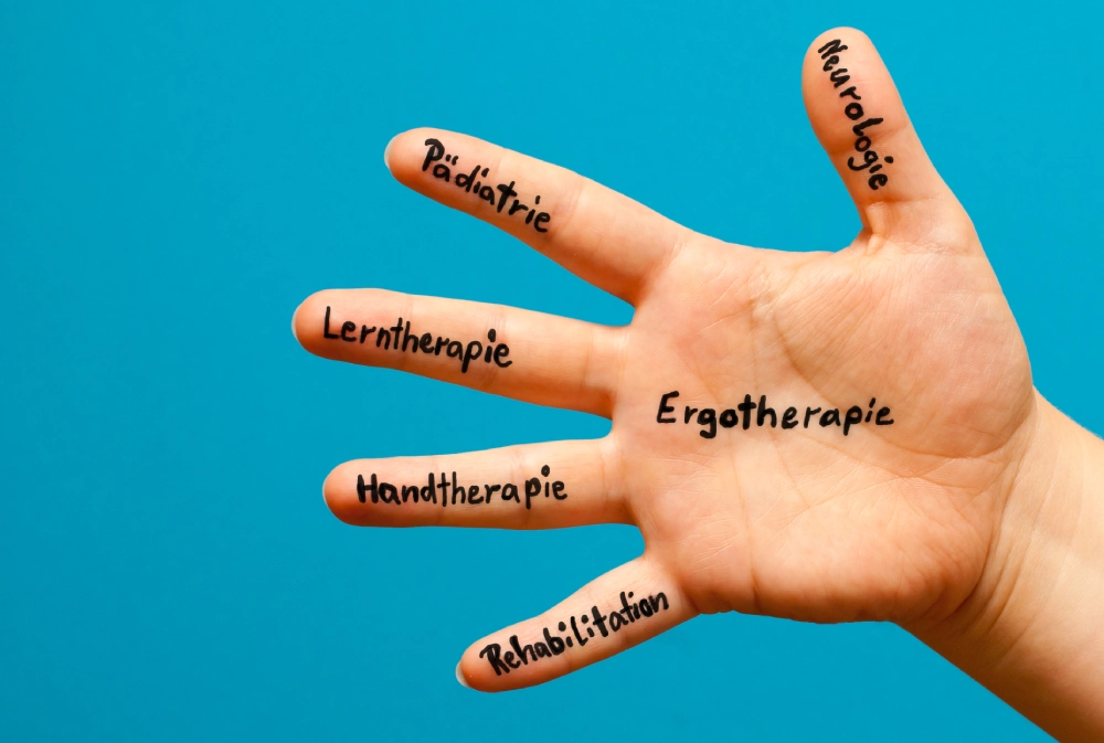 Hand mit aufgezeichneten Schlagworten zu Ergotherapie-Angebote