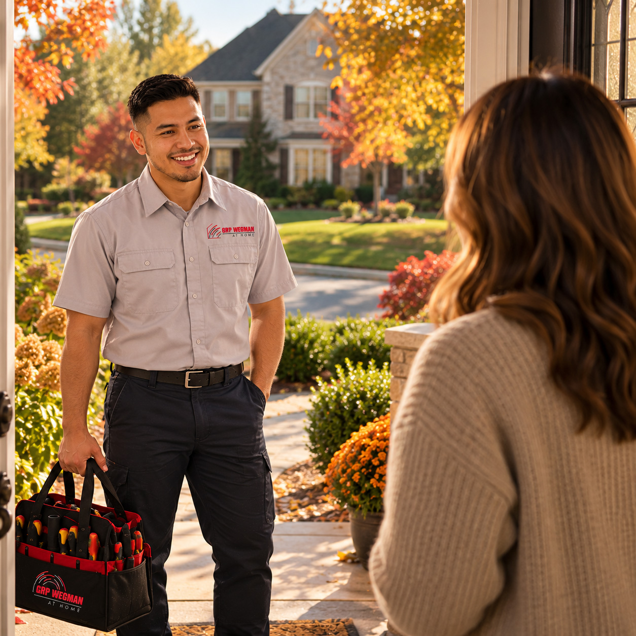 GRP|WEGMAN technician greeting a homeowner for a fall furnace tune-up