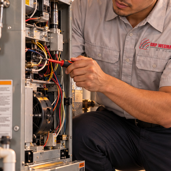 GRP|WEGMAN technician testing furnace wiring with a multimeter