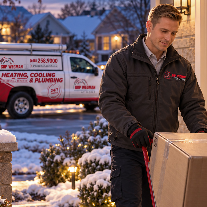 GRP|WEGMAN technician delivering a new furnace to a Metro East home in winter