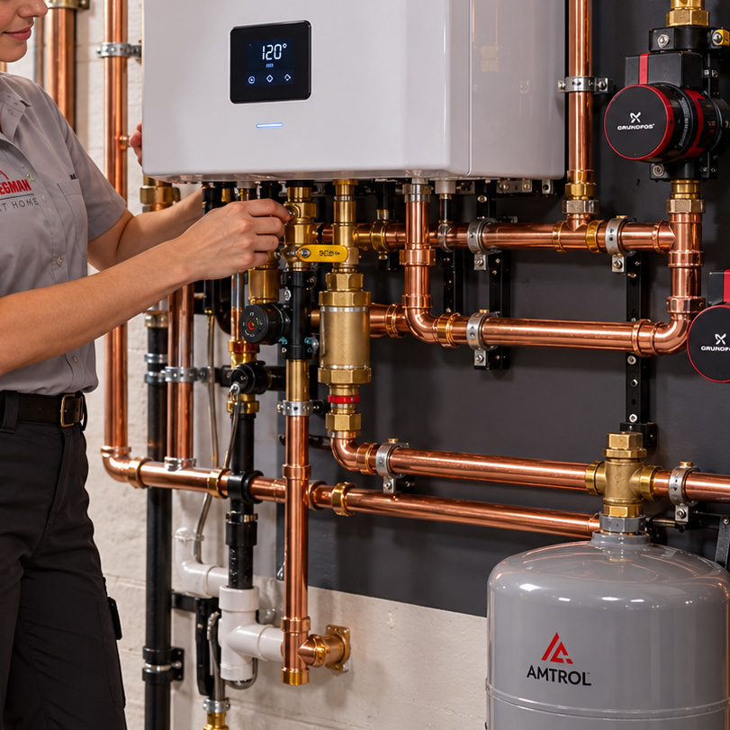 Technician connecting copper piping on a new wall-mounted high-efficiency boiler
