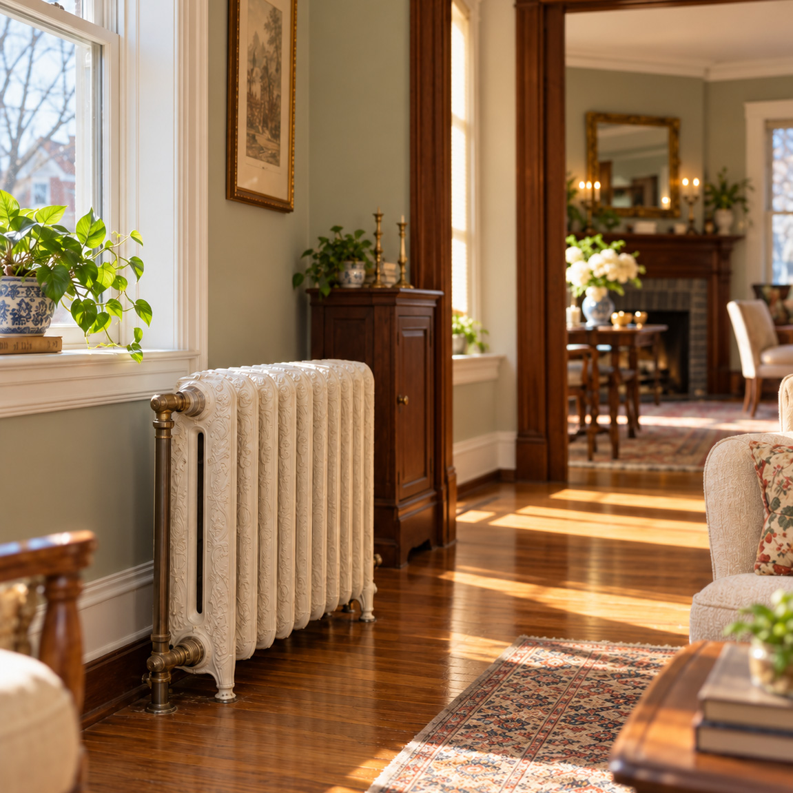 Cast iron radiator warming a living room in a classic Metro East home