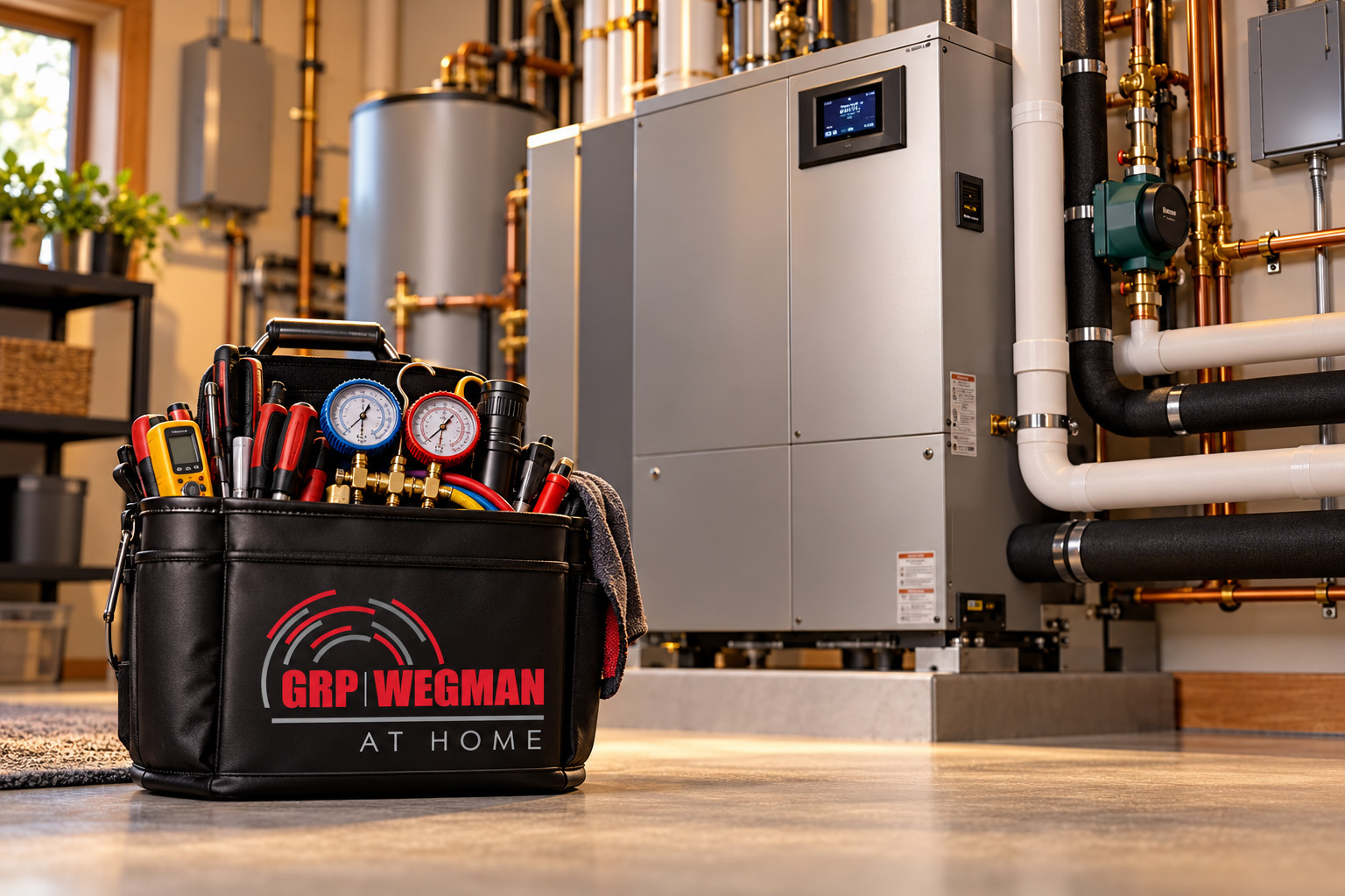 GRP|WEGMAN At Home tool bag with refrigerant gauges in front of an indoor geothermal unit