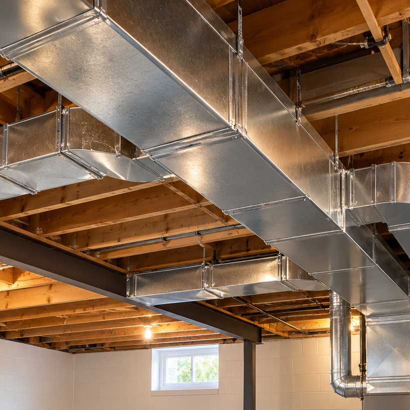 New galvanized metal ductwork installed along basement ceiling joists