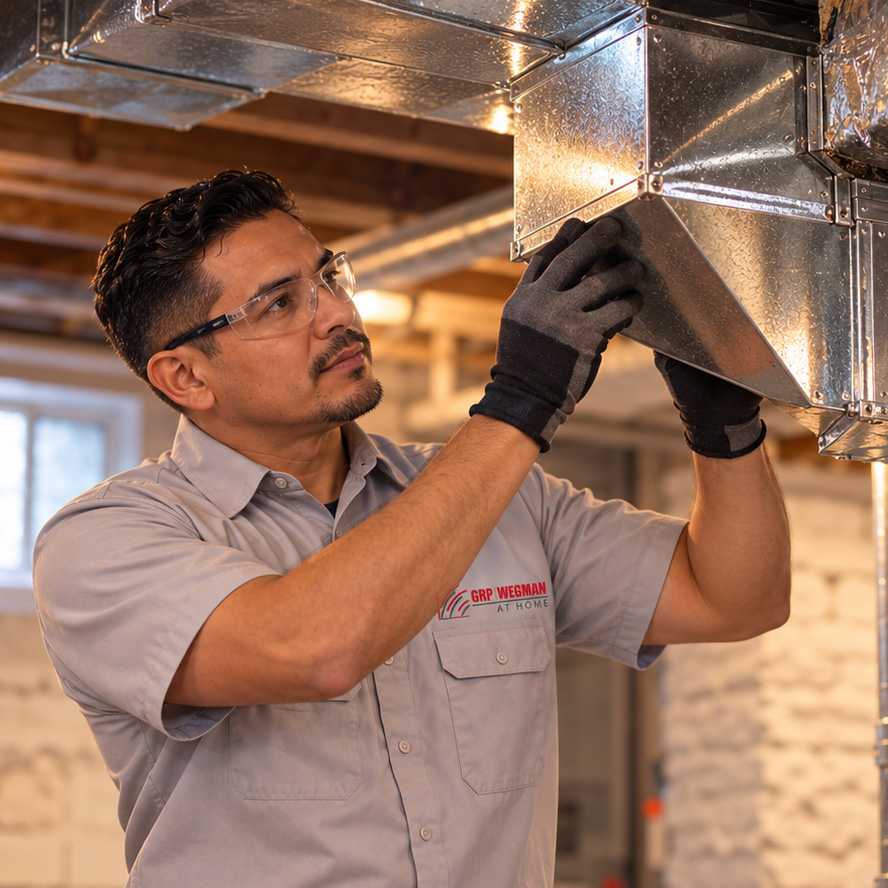 GRP|WEGMAN technician in safety glasses and gloves repairing metal ductwork in a basement